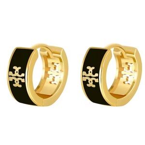 TORY BURCH GOLD & BLACK LOGO HUGGIE HOOP EARRINGS